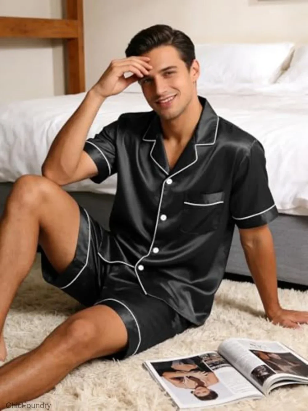Men's Silky Satin Pajama Set 2 Piece Short Sleeve Notch Collar with Pockets